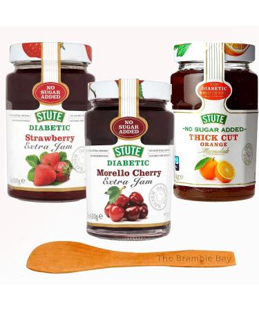 Diabetic Jam Marmalade Sugar Free Food Bundle - Stute Strawberry Morello Cherry Jam & Thick Cut Orange 430g with Wooden Spreader - No Added Sugar Preservatives Artificial Additives - Vegan Friendly