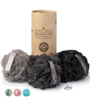 Shower Loofahs - 3 Pack Natural Recycled Shower Pouf Set for Men and Women - Exfoliating Body Scrubber for Bath - Shower Puff/Shower Scrunchie for Dead Skin Removal - Pebble Beach