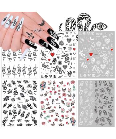 Kalolary 6 Sheets Snake Nail Art Stickers  3D Nail Self-adhesive Hot Snake Flower Pattern Nail Sticker Decals for Women Girls Nail Design Decoration DIY Decor Nail Art Accessories