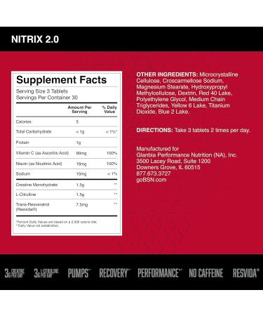 BSN Nitrix 2.0 - Unflavored Nitric Oxide Precursor Tablets - 90 Count - Buy Online on SooperMarket.com