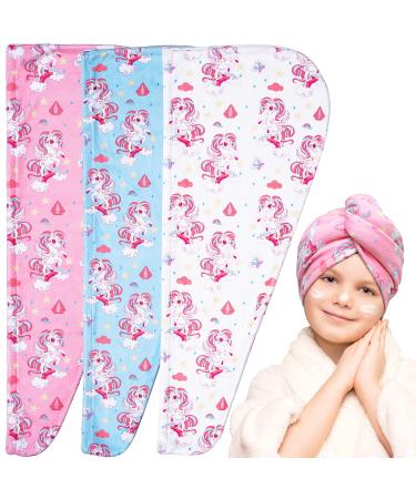 Meetrue hair turban for children girls 3 pieces microfiber towel hair with unicorn pattern hair turban microfiber fast dry towel hair with button super absorbent towels for wet hair 3 pieces (pink blue white) small (3-5 years)