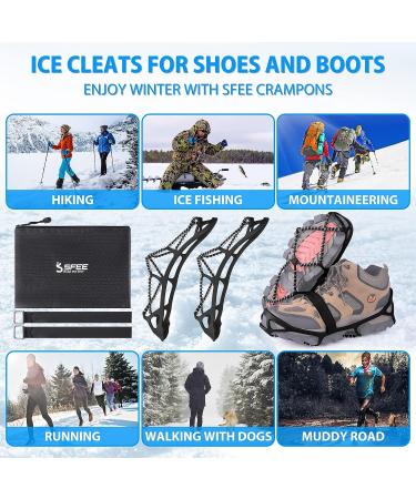 Sfee Ice Cleats - Anti-Slip Snow Grips Crampons for Shoes/Boots | Portable Traction for Walking, Climbing, Hiking, Fishing | Outdoor Running Gear with 2 Velcro Straps - Black (Large) - Buy Online on SooperMarket.com