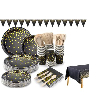 Black and Gold Party Supplies 352 Pcs Disposable Dinnerware Gold Dot Paper Plate Napkin Cup Cutlery Tablecloth Banner for Birthday Graduation Wedding Christmas Party(50 Guest)