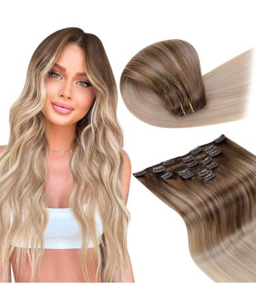 Laavoo real hair clip in extensions ombre blonde extensions real hair clip balayage light brown ashblond platinum blonde remy clip in real hair extensions double tresse 105g 7pcs 45cm #8/18/60 45cm-105g 2.2 #8/18/60