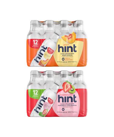 Hint Water Peach and Hint Water Strawberry Kiwi (Pack of 24), 12 Bottles Hint Peach & 12 Bottles Hint Strawberry Kiwi, Zero Calories, Zero Sugar and Zero Diet Sweeteners, 16 Ounce Bottles Peach and Strawberry Kiwi