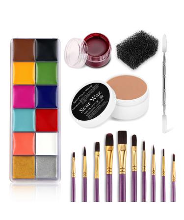DELISOUL Professional Special Effects SFX Makeup Kit,12 Colors Face Body Paint Palette,Wound Modeling Scar Wax,Coagulated Fake Blood,10 Purple Brushes,Spatula Tool,Stipple Sponge for Halloween Costume