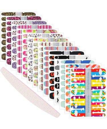 14 Sheets Full Nail Wraps Adhesive Nail Design Stickers Colorful Nail Decal Strips Adhesive Nail Wraps Stickers False Nail with 1 Piece Nail File (Leopard  Heart  Stripe  Beard Pattern)