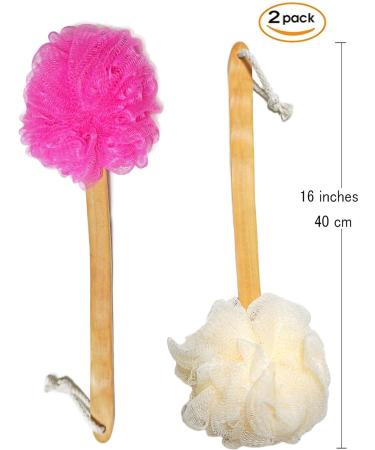 Shower Loofah Body & Back Scrubber 2 PACK - Exfoliating Bath Brush with Long Wooden Handle - For Men & Women - Easy Reach Body Wash Applicator - Buy Online on SooperMarket.com