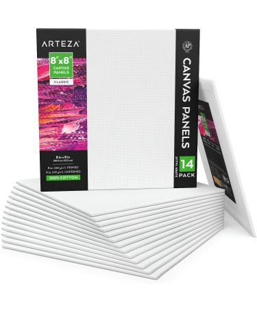 Arteza Paint Canvases for Painting Pack of 14 8 x 8 Inches Square Blank Art Canvas Boards 100% Cotton 8 oz Gesso-Primed Art Supplies for Adults and Teens for Acrylic Pouring and Oil Painting White - Classic 8x8