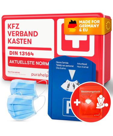 Purahelp Kfz first aid box DIN 13164 + parking disc - including ventilation cloth 2x climbing strips - first aid set of car first aid car 2024 car first -aid kit + parking disc