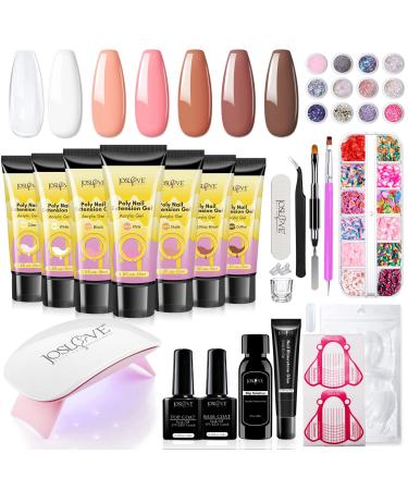 JOSLOVE Poly Extension Gel Nail Kit, 7 Colors Clear Poly Nail Gel Pink Brown Poly Nail Colors Set with Mini Nail Lamp Slip Solution and Other Basic Nail Art Tools All in One Kit A-All Seasons