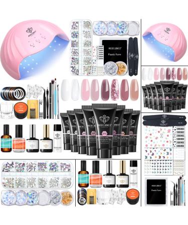 Modelones Poly Nail Gel Kit 8 Colors with 48W LED Nail Lamp Nail Extension Gel with Complete Poly Nail Art Tools Professional Starter Manicure Nail Kit Varieties of Nail Art Supplies Rhinestone Glitters Sequins Gift for Wo