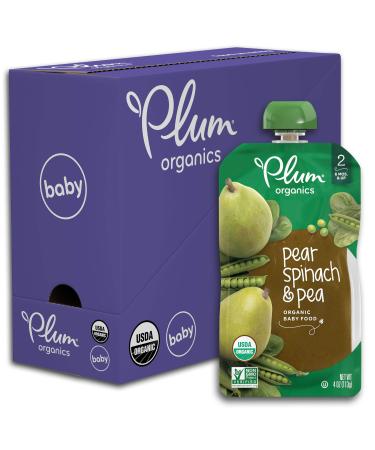 Plum Organics Baby Food Pouch | Stage 2 | Pear, Spinach and Pea | Fresh Organic Food Squeeze | For Babies, Kids, Toddlers | 4 Ounce (Pack of 6) Pear, Spinach & Pea 3.5 Ounce (Pack Of 6)