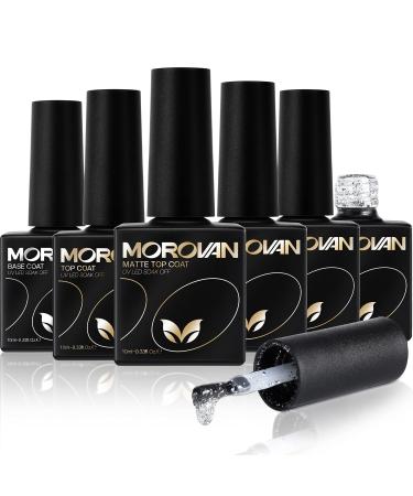 Morovan Gel Top Coat Set 6Pcs 10ml Gel Base and Top Coat No Wipe Gel Top Coat with 5 Diffrent Design-Shiny Matte Diamond Silver Shell Powder Acid Free Gel Top and Base Coat for Gel Nail Polish Salon