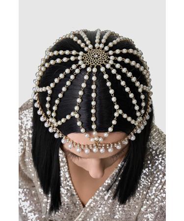BABEYOND 1920s Crystal Cap Headpiece Rhjsonestone Head Chain - Gold Pearl | Great Gatsby Hair Accessory for Art Deco Party - Buy Online on SooperMarket.com