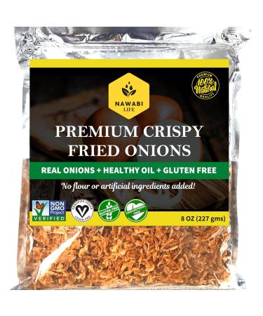 Non-Coated Crispy Fried Onions | 100% Natural (Non-GMO) | KETO Friendly | Gluten Free | No Sodium | Low Carb | Resealable Bag | By Nawabi Life (0.5 lb) 8 Ounce (Pack of 1)