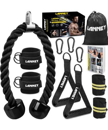 Tricep Rope Cable Machine Attachment, 35" Triceps Pull Down Rope LAT Pulldown Attachments, Home Gym Accessories Set with Resistance Bands Handle, Ankle Straps, Carabiner, Wrist Wraps for Exercise black