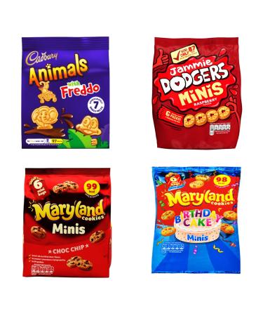 Mini Biscuit Variety Pack Bundle - with Cadbury Mini Animals Marlyalnd Birthday Cake Maryland Choc Chip and Burtons Jammie Dogers 495g Total