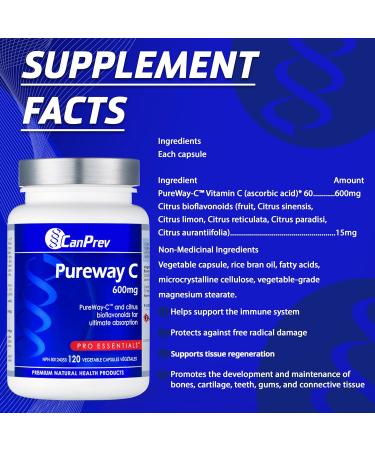 CanPrev Pureway C 600mg Advanced Formula 120 V-Caps - Enhanced Absorption Vitamin C Ascorbic Acid with Citrus Bioflavonoids - Supports Well-Being and Vitality - Buy Online on SooperMarket.com