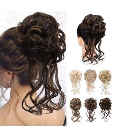 REECHO Messy Bun Hair Piece Tousled Updo Elastic Hair Bun Hair Piece for Women Synthetic Messy Hair Bun Donut Accessories Scrunchies - Chocolate Brown with Highlights