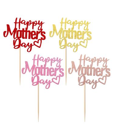 24 Pack Happy Mother's Day Cupcake Toppers with Glitter Hollow Heart Love Mother Best Mom Cupcake Food Picks Women Birthday Happy Mother's Day Theme Party Cake Decorations Supplies Colorful 1-colorful