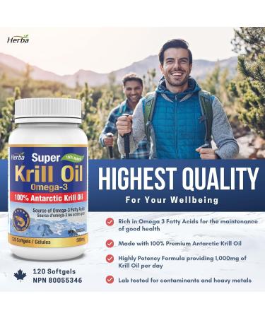 Herba Krill Oil Omega 3 Supplements - 120 Softgels | 1000mg of Antarctic Krill Oil Per Day (2 softgels 500mg each) | Source of Omega 3 Fatty Acids | High Astaxanthin | Premium Grade - 500mg Krill Oil per Soft Gel | 2 Months Supply - Buy Online on SooperMarket.com