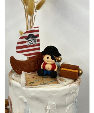 4x Edible Pirate Cake Toppers Set - Handmade Icing Fondant Pirate Ship Bag Map Birthday Baby Showers Cupcake Decor Supplies Comes with an Edible Glue - Buy Online on SooperMarket.com