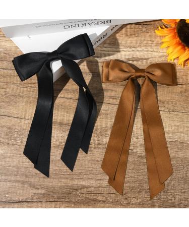 2PCS Silky Satin Hair Bows Hair Clip Black Hair Ribbon Ponytail Holder Accessories Slides Metal Clips Hair Bow for Women Girls Toddlers Teens Kids (Black+Coffee) - Buy Online on SooperMarket.com