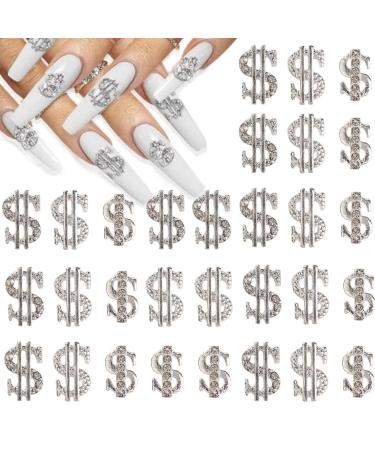 RUNRAYAY 30pcs Bling Alloy Dollar Nail Charms 3D Nail Charms for Acrylic Nails Decoration with Gems and Rhinestones Shiny Luxury Design Crystal Nail Jewels Nail Art Supplies for Women DIY Manicure