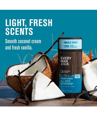 Every Man Jack All Over Deodorant - 24 Hour Whole Body Odor Protection - Aluminum Free - Coconut + Vanilla Scent 2.6 oz (1 Pack) Coconut + Vanilla 2.6 oz (Pack of 1) - Buy Online on SooperMarket.com