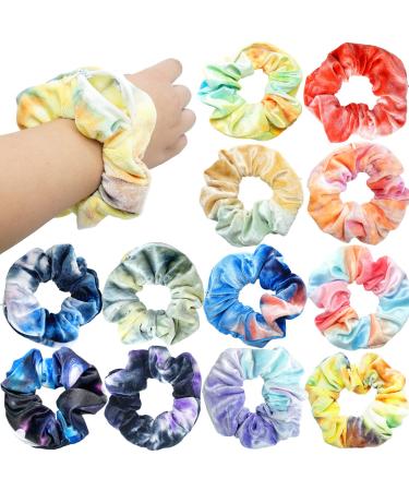 12 Pieces Velvet Pocket Hair Scrunchies Hidden Pocket Solid Colors Hair Ties Elastic Zipper Scrunchies  Cheetah Colorful Hair Bands Hair Elastics Ties for Women Girls Hair Accessories (Tye Dye Colors)