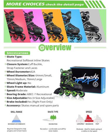 2PM SPORTS Torinx Adjustable Inline Skates | Fun Roller Blades for Kids | Beginner Roller Skates for Girls, Boys, Men, and Ladies | Green Large - Youth (4-7 US) - Buy Online on SooperMarket.com