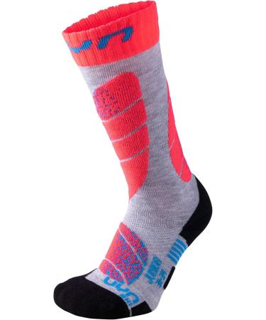 UYN Boys Junior Ski Socks - Light Grey/Coral Fluo | International Shipping Available - Buy Online on SooperMarket.com