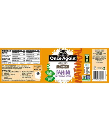Once Again Natural Sesame Tahini - 16 oz Jar (Salt Free, Unsweetened) - Buy Online on SooperMarket.com