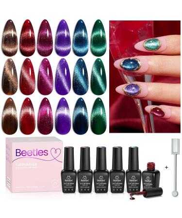 Beetles Cat Eye Gel Nail Polish Set 6 Colors Glitter Red Shiny Brown Burgundy Purple Blue Green Magnetic Effect Sparkle Stunning Nail Gel Polish Gifts for Women 2024 Limited Colors 3-2-Brilliant Velvet