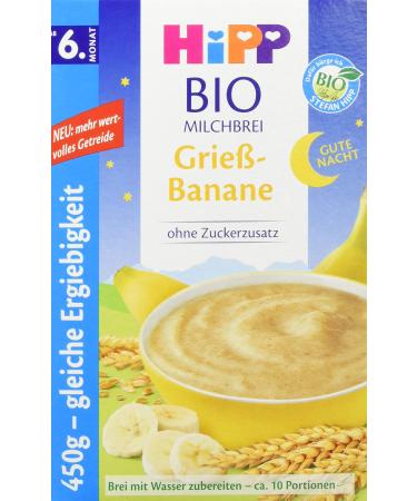 Hipp organic milk porridge without adding sugar from the 6th month good night porridge Grieß Banana 4 Pack (4 x 450 g) semolina Banana runner