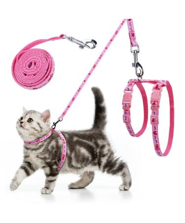 Cat Harness and Lead Set - Escape Proof Cat Harnesses Soft Adjustable Kitten Harness with Paw and Fish-Bone Patterns for Outdoor Walking (Pink)