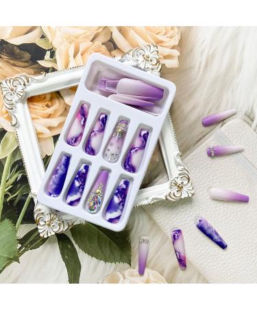24Pcs Purple Rhinestone Long Coffin Press on Nails - Full Cover Acrylic Matte Artificial Luxury Nails for Women and Girls - Buy Online on SooperMarket.com