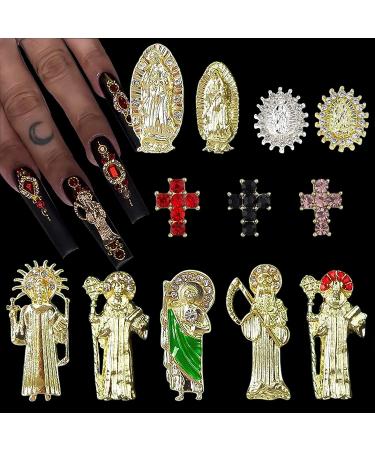 24pcs Religious Nail Charms Kit - San Judas Virgin Mary Cross 3D Nail Gems in Gold and Silver - Buddha Charms and Rhinestones for Nail Art - Buy Online on SooperMarket.com