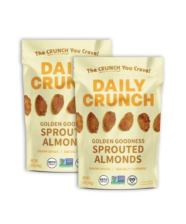 Daily Crunch Sprouted Almonds, 5 Ounce Resealable Bags (Golden Goodness, 2 Pack) - Savory Spices, Sea Salt and Turmeric, Sprouted and Dehydrated for a Unique Crunch, Keto Friendly, Non-GMO, Oil and Salt Free, Vegan, Healthy Snack Golden Goodness 5 Ounce (