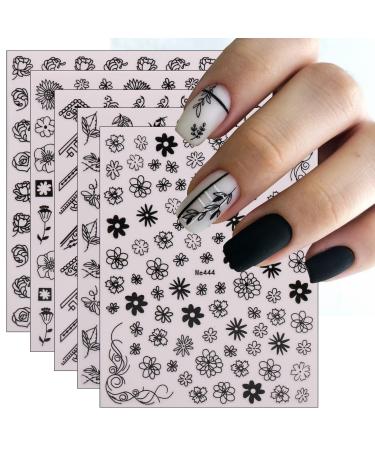 JMEOWIO 12 Sheets Flower Nail Art Stickers Decals Self-Adhesive Spring Summer Floral Black Nail Supplies Nail Art Design Decoration Accessories