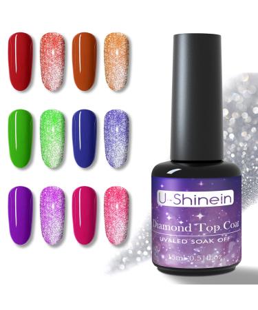U-Shineing 15ml Glitter Top Coat  Diamond Top Coat Gel Reflective No Wipe Nail Top Coat Sparking No Wipe Top Coat Nail Polish Top Coat Gel Nail Manicure Art DIY Salon Use 0.51 Fl Oz (Pack of 1)