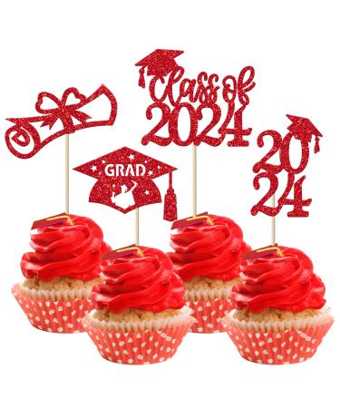 Rsstarxi 36 Pack Class of 2024 Graduation Cupcake Toppers 2024 Graduation Food Appetizer Picks 2024 Grad Cap Done Diploma Cupcake Picks for 2024 Graduation Theme Party Cake Decorations Red