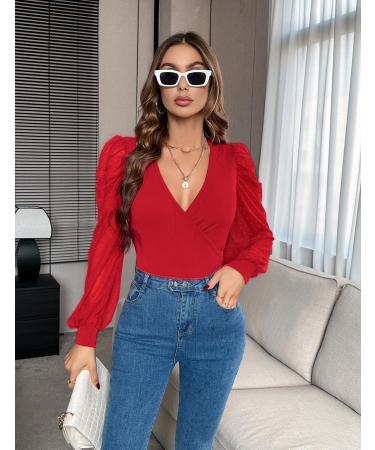 Fayenne Womens Tops Deep V Neck Cross Wrap Sexy Tops Polka Dot Mesh Long Sleeve T Shirt Casual Blouses S Red - Buy Online on SooperMarket.com