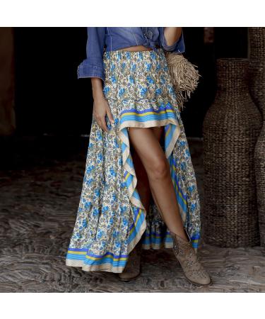 Sanahy Women Boho Floral Print High Low Maxi Dress - Blue XL - Buy Online on SooperMarket.com