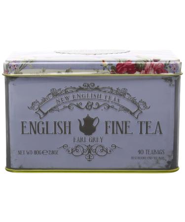 New English Teas Vintage Floral Tea Tin with 40 Earl Grey Teabags Lemon Earl Grey 40 Count (Pack of 1)