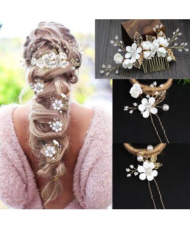 Bridal Flower Wedding Hair Pins - Crystal Pearl Clips Headpiece for Brides - Gold Hair Accessories with Rhinestone - Pure White Flower - 5 Count - Buy Online on SooperMarket.com