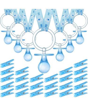 48 Pieces Baby Shower Decorations 24 Plastic Pacifiers and 24 Mini Clothes Pins Transparent Baby Showers Pacifiers Necklace Baby Girl Boy Pacifier Necklace for Party Favor Plastic Clothespins (Blue)