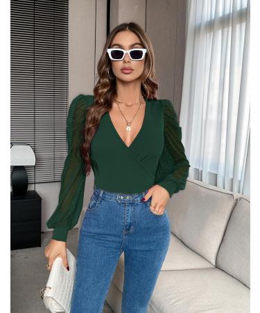 Fayenne Womens Tops Deep V Neck Cross Wrap Sexy Tops Polka Dot Mesh Long Sleeve T Shirt Casual Blouses XL Dark Green - Buy Online on SooperMarket.com