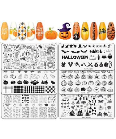 Whaline Fall Halloween Nail Art Stamping Plate Kit Autumn Pumpkin Ghost Plaid Design Nail Art Set for Fall Thanksgiving Halloween DIY Print Manicure Salon Set of 6 Fall & Halloween